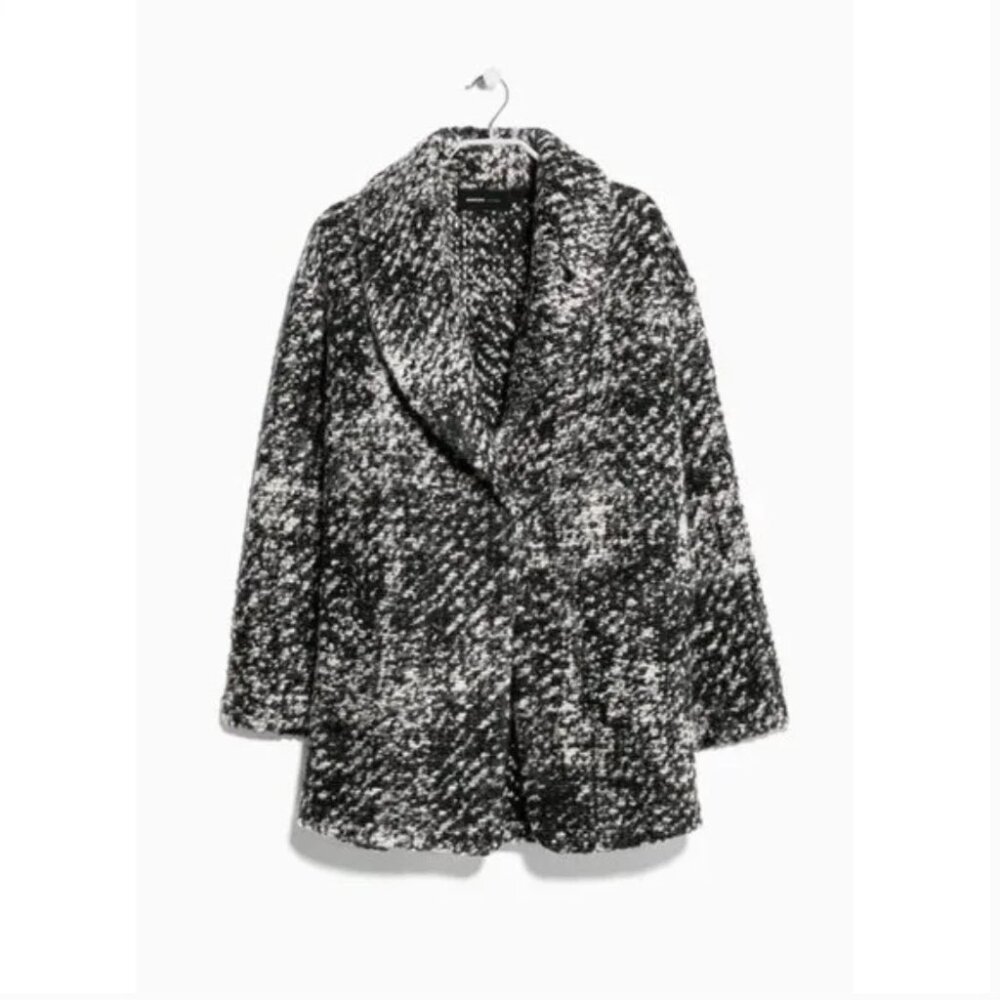 MNG Casual Women's Woolen Coat Pockets Textured Knit Black & White XS Mob Wife